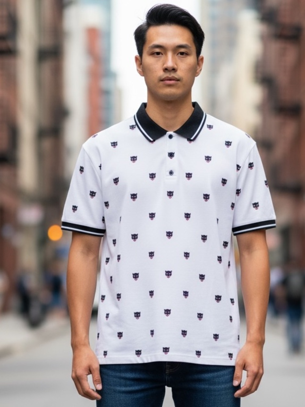 RS1NE White Black Panther Print Polo Shirt